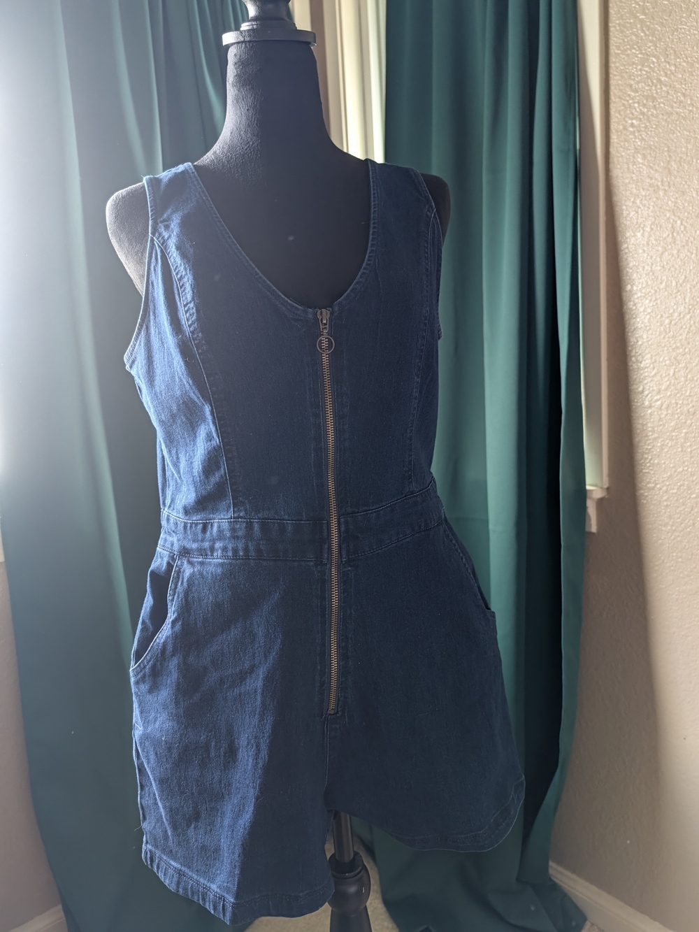 Sleeveless Denim Romper with Front Zip - Dark Blue